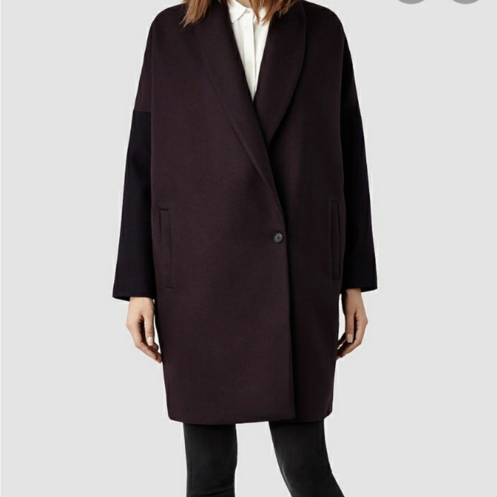 All Saints Klein wool coat, two tone deep maroon and black; US 10